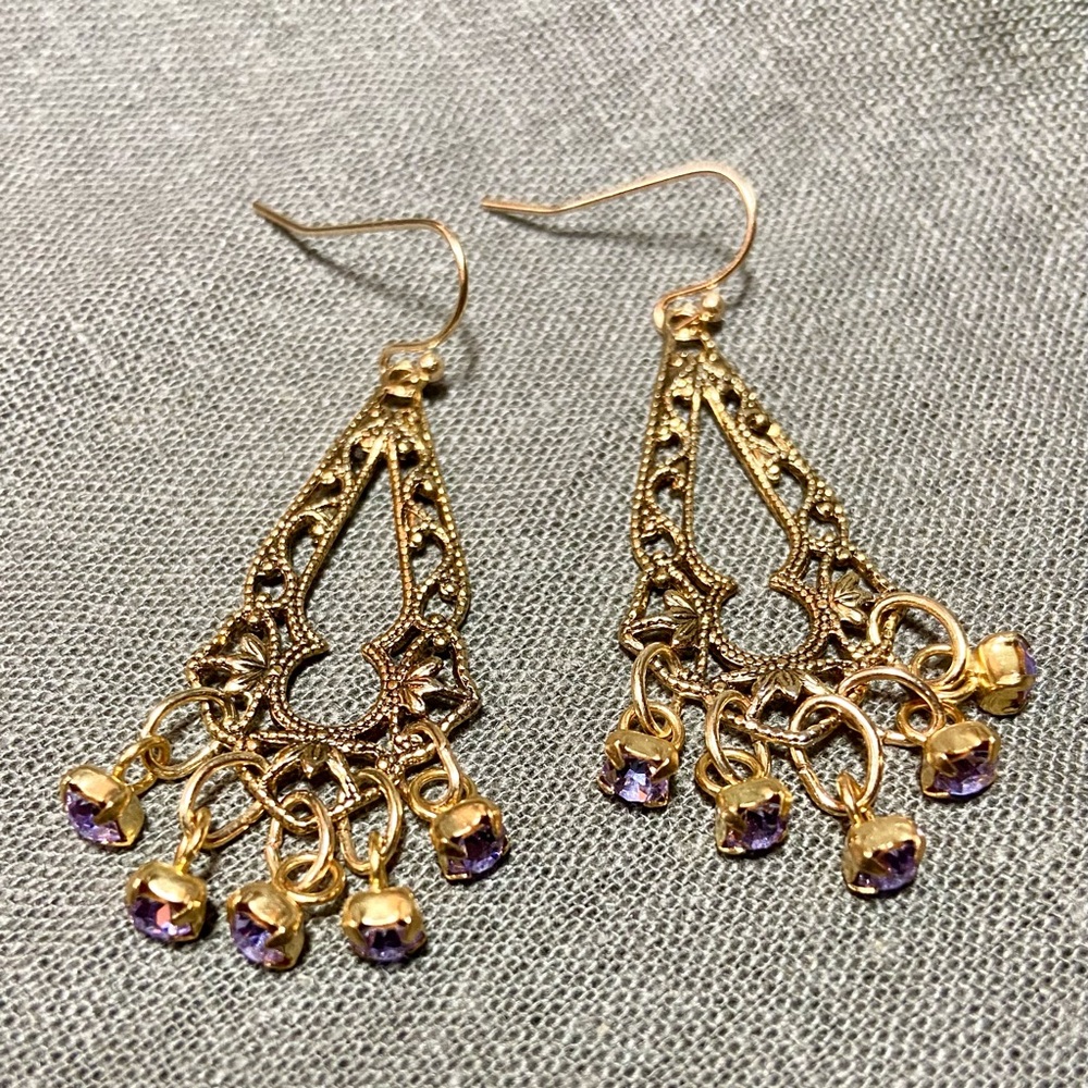 Bohemian Filigree Earrings with Vintage Violet Rhinestone Drops